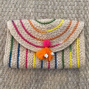 NWT Shiraleah Aria Clutch. Multi-colored Jute w/ Pink Pom Pom, Orange Tassel.